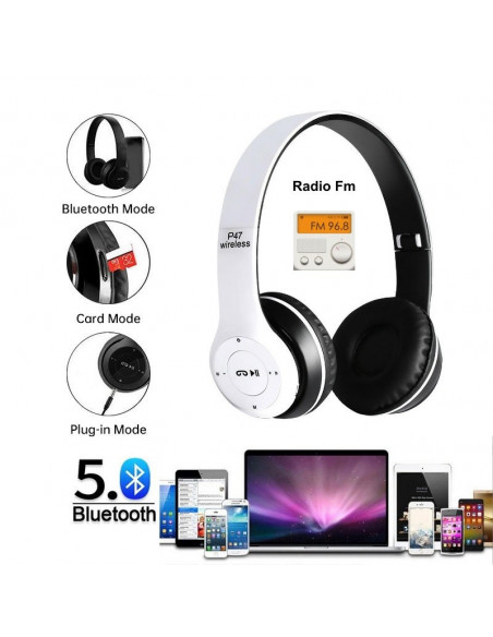 Casti Audio P47 Radio Wireless 5.0+EDR / Alb